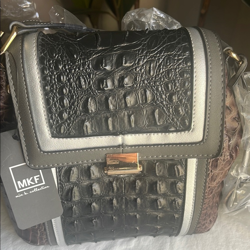 Black and Purple Croc-Embossed Shoulder Bag with Gold Hardware